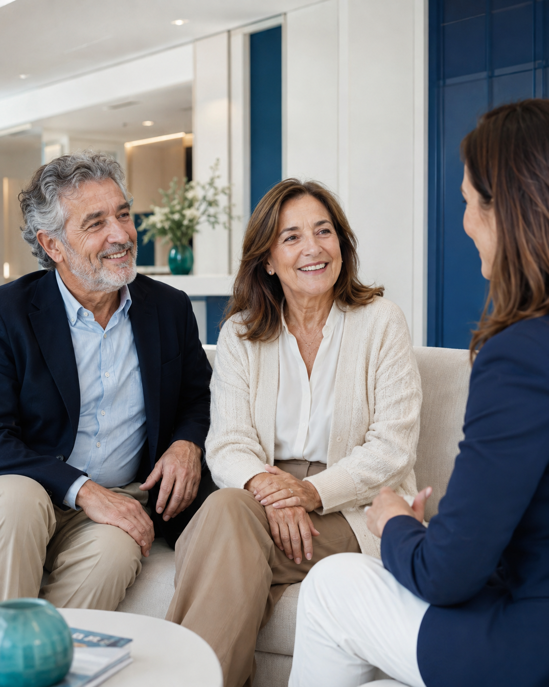 Casal a conversar com uma Concierge DentalClub numa clínica dentária